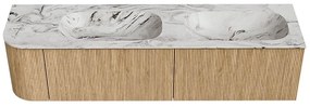 Mondiaz Kurve-dlux 175cm badmeubel ronding links oak met 2 lades en 1 deur en wastafel stor small dubbel/rechts zonder kraangat glace