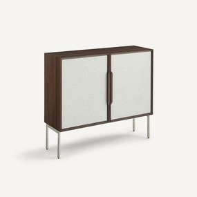 Bureau met lage kast in walnootfineer en structuurstof, OMID