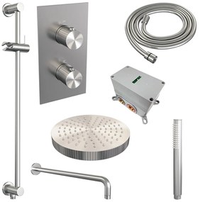Brauer Stripe inbouw regendouche met 25cm hoofddouche, met gebogen muurarm, glijstang en staafhanddouche set 20 RVS geborsteld PVD