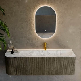 Mondiaz Kurve-dlux 145cm badmeubel ronding links shadow met 1 lade en deur en wastafel big large kraangat rechts glace