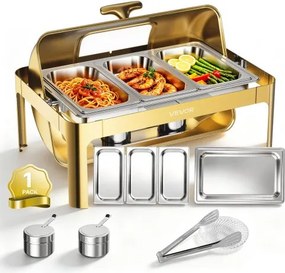 VEVOR Chafing Dish Set 12,3 L Roestvrijstalen Warmhoudschalen Buffetten 1 Stuk voor Bruiloften & Feesten, Transparant Roldeksel met 90°/180° Opening, 1 Grote en 3 Kleinere Schalen, Tang, Glazen Kom