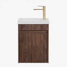 Narek Zwevend Houten Badkamermeubelset Met Geïntegreerde Wastafel Spiegelloze & Donker Hout & Geborsteld Goudkleurig ↑20 Cm Met Aftapkraan Zonder Over