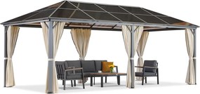 Milos tuinhuisje 3x6m met crèmekleurige gordijnen Tuinpunt