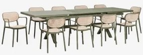 Uitbreidbare Rechthoekige Tafelset 240-300x100 Cm Karena En 10 Stapelbare Tuinstoelen Met Armleuningen Omara Groen – Intens Olijf - Sklum