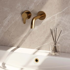 Brauer Gold Edition ColdStart wastafelkraan inbouw gebogen uitloop en rozetten model D2 geborsteld messing PVD