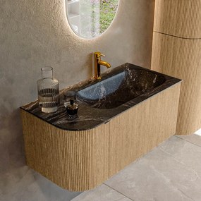 Mondiaz Kurve-dlux 95cm badmeubel ronding links oak met 1 lade en deur en wastafel big small kraangat rechts lava