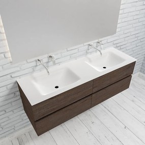 Zaro Valencia Solid Surface badmeubel 150cm donker eiken zonder kraangat dubbele spoelbak met 4 lades