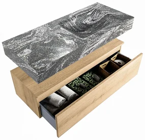 Mondiaz Alan DLux badmeubel 110cm washed oak 1 lade met wastafel lava rechts 1 kraangat
