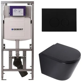 QeramiQ Dely Toiletset - 36.3x51.7cm - diepspoel - rimless - Geberit UP320 inbouwreservoir - softclose toilet zitting 35 mm - kunststof mat zwarte bedieningsplaat - ronde knoppen - mat zwart SW1026253/SW1000769/0701131/SW706188