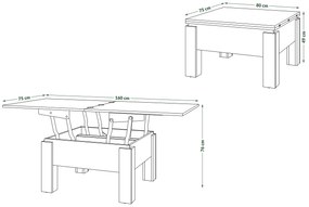 Mazzoni OSLO eiken artisan / beige, uitklapbare salontafel met in hoogte verstelbaar  blad