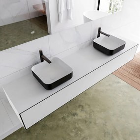 Zaro Lagom volledig naadloos solid surface onderkast met topblad 200cm mat zwart met 2 lades Push tot open. Compleet met solid surface opzetkom met 2 kraangat(en)