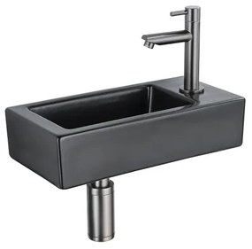 QeramiQ Fuente Fonteinset - 37.5x18.5x9cm - keramiek - kraangat rechts - fonteinkraan gunmetal - afvoerplug - verlaagd sifon - Mat Zwart SW1122447/SW769487/SW767295/SW696239