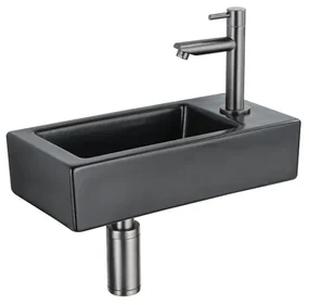 QeramiQ Fuente Fonteinset - 37.5x18.5x9cm - keramiek - kraangat rechts - fonteinkraan gunmetal - afvoerplug - verlaagd sifon - Mat Zwart SW1122447/SW769487/SW767295/SW696239