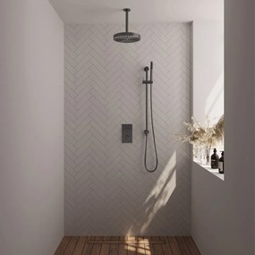 Brauer Stripe inbouw regendouche met 25cm hoofddouche, met plafondarm, glijstang en staafhanddouche set 21 gunmetal geborsteld PVD