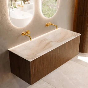 Mondiaz Kurve-dlux 120cm badmeubel dusk met 1 lade en wastafel leaf dubbel zonder kraangat frappe