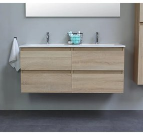 Basic Line Bella Badkamermeubelset - 120x55x46cm - 2 wasbakken - Keramiek - Wit - 2 kraangaten - Zonder spiegel - MDF Eiken SWGA120EIP2