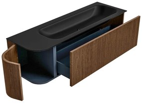 Mondiaz Kurve 145cm badmeubel ronding links walnut met 1 lade en deur en wastafel big large rechts 2 kraangaten urban