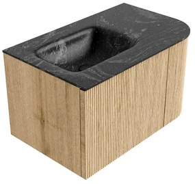 Mondiaz Kurve-dlux 75cm badmeubel ronding rechts oak met 1 lade en deur en wastafel grunne kraangat links lava