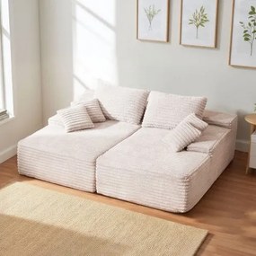 VEVOR Extra grote dubbele chaise longue (210 cm) corduroy bank, gezellige tweezitsbank met diepe zitting en zachte kussens en sierkussens voor woonkamer en slaapkamer, slaapbank voor 2 personen beige