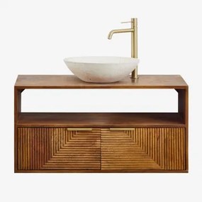 Baty Mangohouten Badkamermeubelset Mangohout & Rond Cement Wit Ø40 Cm Zavion & Spiegelloze & Goud ↑30 Cm Met Aftapkraan Zonder Overloop Orveta - Sklum