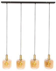 Design hanglamp zwart met messing en amber glas 4-lichts - Zuzanna