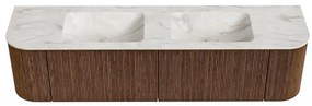 Mondiaz Kurve-dlux 180cm badmeubel ronding links/rechts walnut met 2 lades en deuren en wastafel leaf dubbel 2 kraangaten ostra
