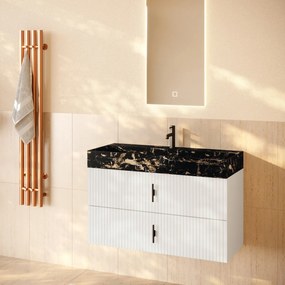 Muebles Murcia badmeubel ribbelfront 100cm wit mat met Portoro Gold wastafel met kraangat