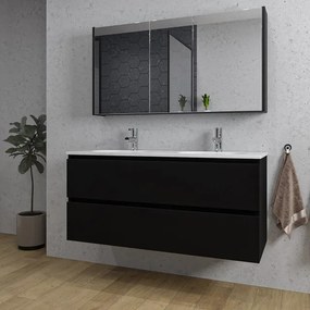 Adema Chaci Badkamermeubelset - 120x46x57cm - 2 ovale keramische wasbakken wit - 2 kraangaten - 2 lades - Spiegelkast - mat zwart SW1212777/SW1212818/SW812071/SW718719