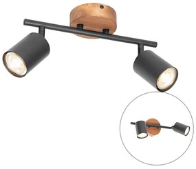Industriële Spot / Opbouwspot / Plafondspot zwart met hout kantelbaar 2-lichts - Jeana Industriele / Industrie / Industrial GU10 Binnenverlichting Lamp