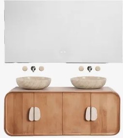 Dubbel Zwevend Badkamermeubelset 130x45 Cm Van Mangohout En Natuurlijke Kivalina-steen Rectangular Led And Antifog 140x75 Cm Riben & Travertijn - Mang