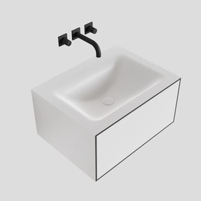 Zaro Lagom volledig naadloos solid surface onderkast 60cm mat zwart met 1 lade Push tot open. Compleet met solid surface wastafel met 0 kraangat(en)