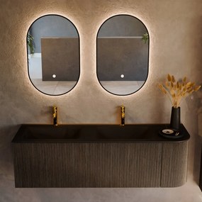 Mondiaz Kurve 145cm badmeubel ronding rechts shadow met 1 lade en deur en wastafel cloud dubbel/links 2 kraangaten urban