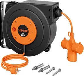 VEVOR Kabelhaspel 20 m 3000 W Automatische Kabeloproller 16 AWG/3-aderig, voor plafond-/wandmontage, 3 stopcontacten, oververhittingsbeveiliging tot 56 °C, verlicht drievoudig stopcontact, met 180° draaibare beugel