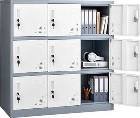 VEVOR metalen locker, 3 niveaus, lockerkast, 30 kg draagvermogen, locker voor waardevolle spullen met 2 sleutels per deur, compartimentkast voor kantoor, school, sportschool, eenvoudige montage, 90x45x94 cm, grijs/wit