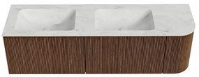 Mondiaz Kurve-dlux 155cm badmeubel ronding rechts walnut met 2 lades en 1 deur en wastafel leaf dubbel/links zonder kraangat opalo