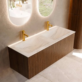 Mondiaz Kurve-dlux 120cm badmeubel dusk met 1 lade en wastafel leaf dubbel 2 kraangaten opalo