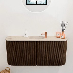 Mondiaz Joya DLux 95cm toiletmeubel ronding links/rechts walnut met wastafel faye midden 1 kraangat frappe