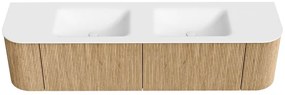 Mondiaz Kurve 180cm badmeubel ronding links/rechts oak met 2 lades en deuren en wastafel cloud dubbel 2 kraangaten