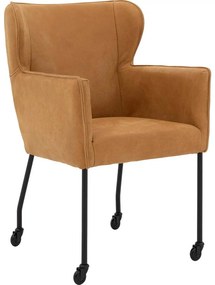 Goossens Excellent Eetkamerstoel Leogang cognac leer met armleuning en Zwart skater wiel met zwarte kapmet wielen, elegant chic