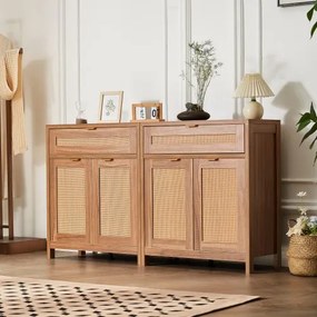 VEVOR Rotan kast Rotan ladekast 2-delige opbergkast met 4 magnetische deuren en 2 lades, dressoirkast met verstelbare planken, ideaal voor hal, entree, woonkamer