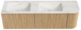 Mondiaz Kurve-dlux 155cm badmeubel ronding rechts oak met 2 lades en 1 deur en wastafel leaf dubbel/links 2 kraangaten ostra
