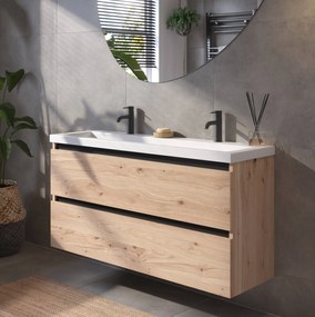 Saqu Gaia ondiep badmeubel incl. glans witte wastafel met 2 kraangaten 120x40x64cm naturel eiken – zwarte greeplijst