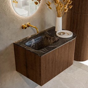 Mondiaz Kurve-dlux 75cm badmeubel ronding rechts walnut met 1 lade en deur en wastafel grunne links zonder kraangat lava