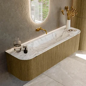 Mondiaz Kurve-dlux 160cm badmeubel ronding links/rechts dusk met 1 lade en 2 deuren en wastafel big medium midden zonder kraangat glace