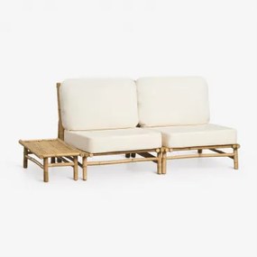 Tuinset Met 2-delige Modulaire Bank En Rechthoekige Bijzettafel 75x40 Cm Van Bamboe Isendra Stof Wit - Sklum