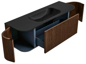 Mondiaz Kurve 140cm badmeubel ronding links/rechts walnut met 1 lade en 2 deuren en wastafel big small midden zonder kraangat urban
