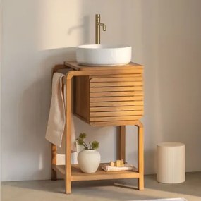 Bradley Teakhouten Badkamermeubelset Rond Keramiek Wit Ø40 Cm Lenka & Spiegelloze & Goud ↑30 Cm Met Aftapkraan Zonder - Sklum