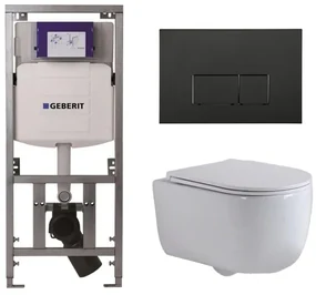 QeramiQ Dely Swirl Toiletset - 36.3x51.7cm - Geberit UP320 Burda inbouwreservoir - slim zitting - mat zwarte metalen bedieningsplaat - rechthoekige knoppen - wit glans 0701131/SW706193/SW1000766/SW1026256