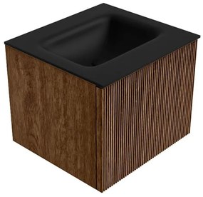 Mondiaz Kurve 50cm badmeubel walnut met 1 lade en wastafel grunne midden zonder kraangat urban