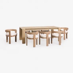 Set Van Een Rechthoekige Tafel 220x100 Cm Van Acaciahout Mirelen En 8 Eetkamerstoelen Van Acaciahout En Bouclé Stof Kandroa Lichte Acaciekleur - Sklum